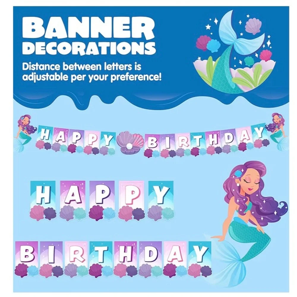 145 Pc Mermaid Birthday Party Supplies with Banner, 24 Serves Tableware Set, New